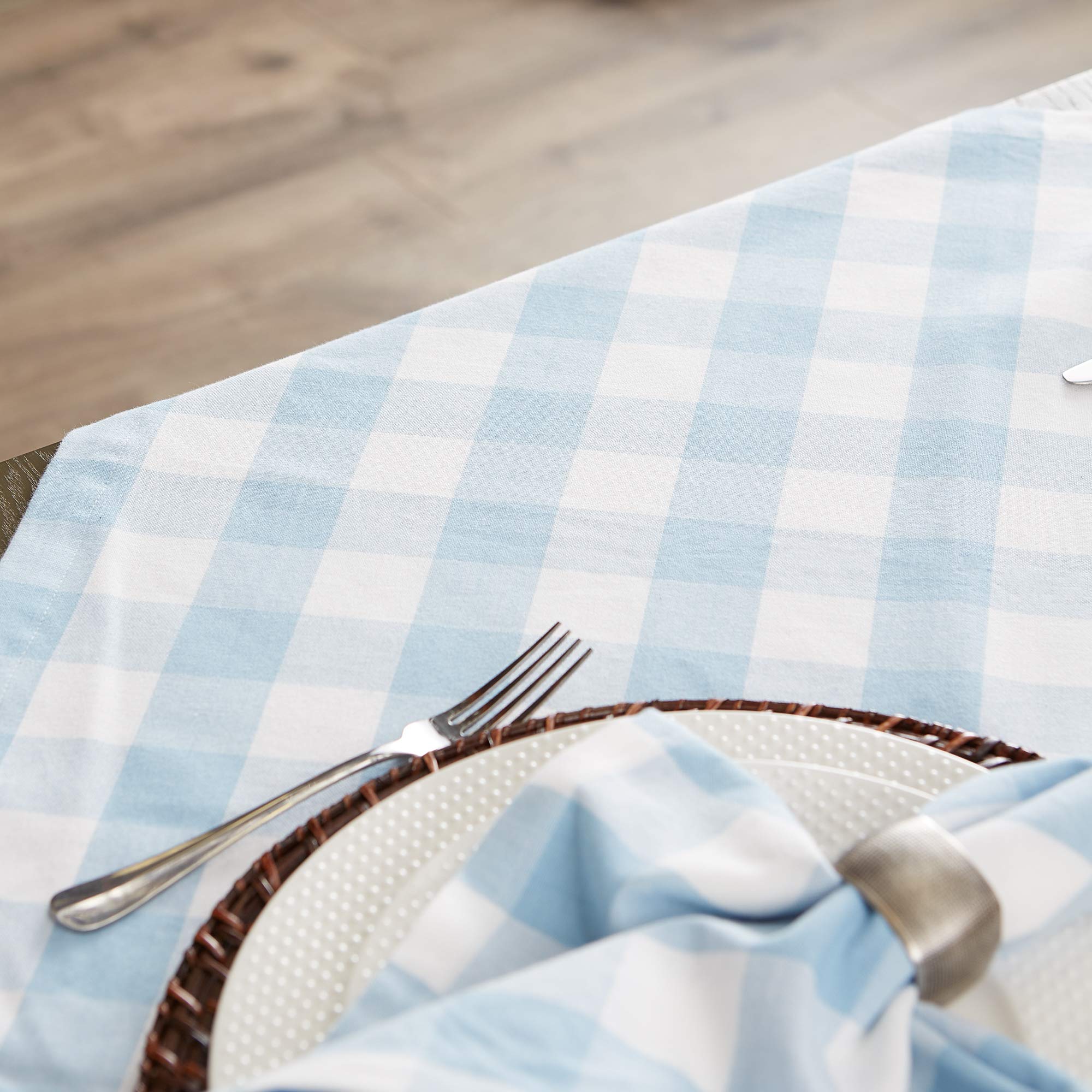 Dii Buffalo Check Collection, Classic Farmhouse Tablecloth, Tablecloth, 70 Round, Light Blue & White